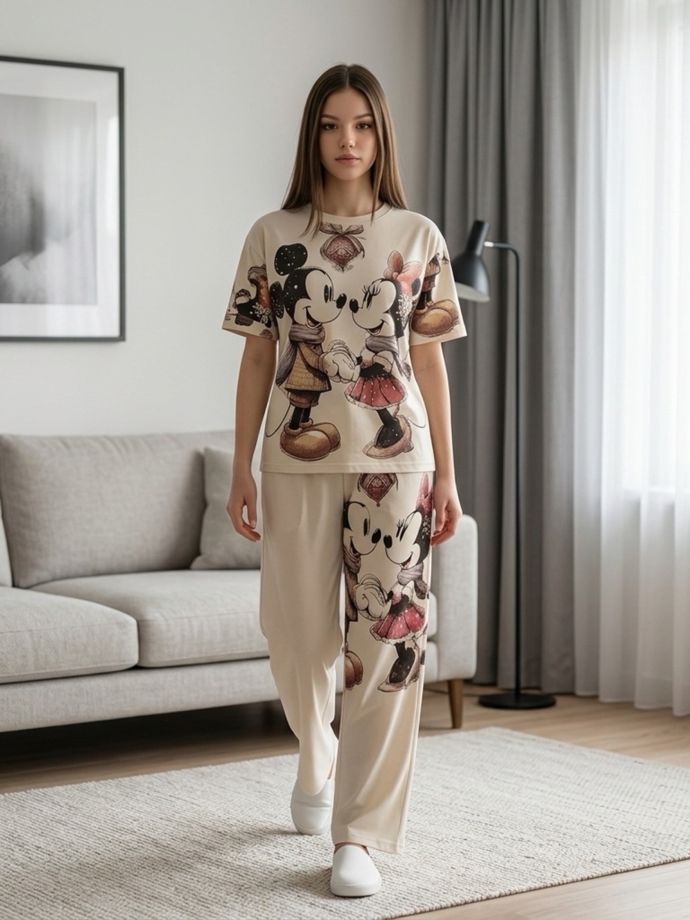 Beige Mickey & Minnie Graphic Pant Set